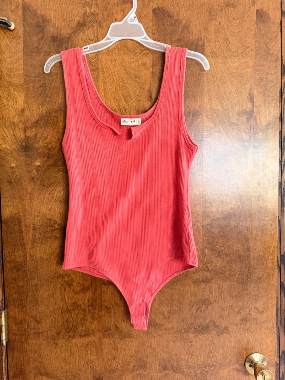 Ribbed Scoop-Neck Bodysuit in Coral Pink